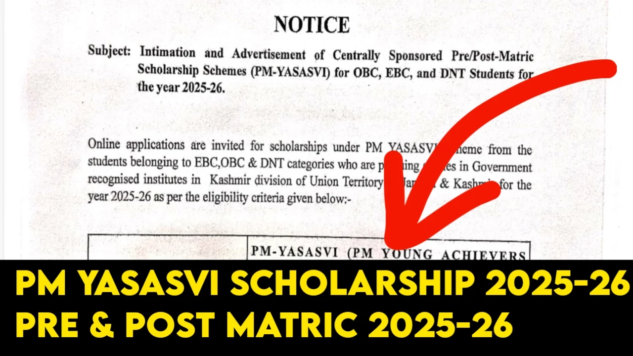 PM YASASVI Scholarship 2025-26 J&K notification for OBC EBC DNT students