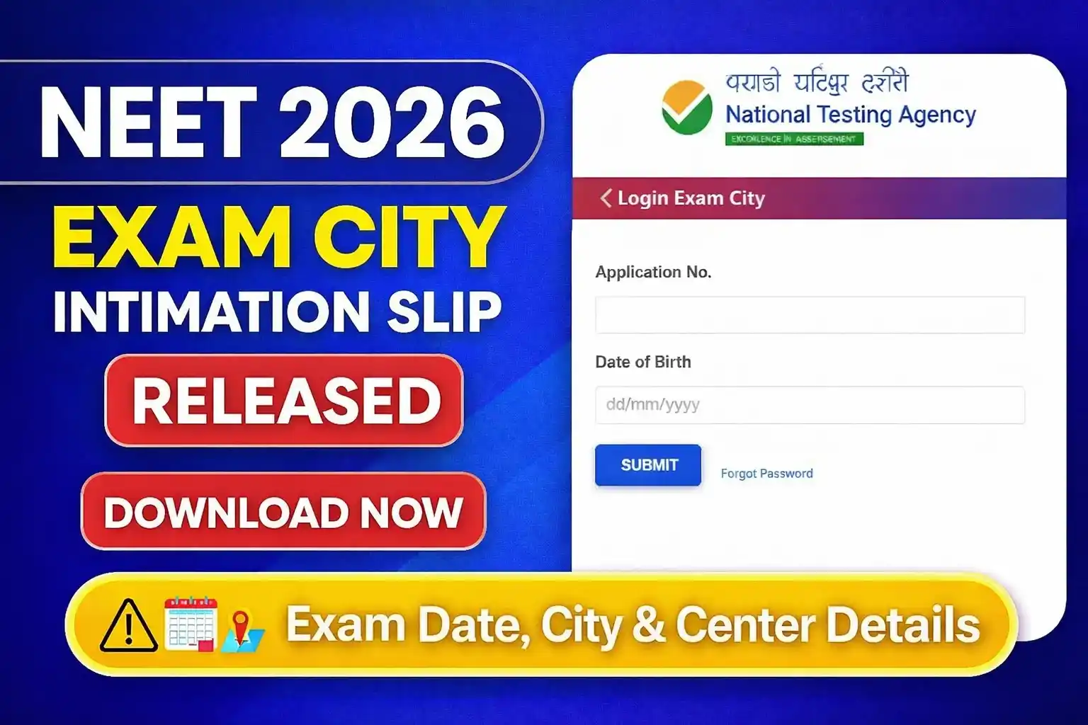 NEET 2026 Exam City Intimation Slip download page