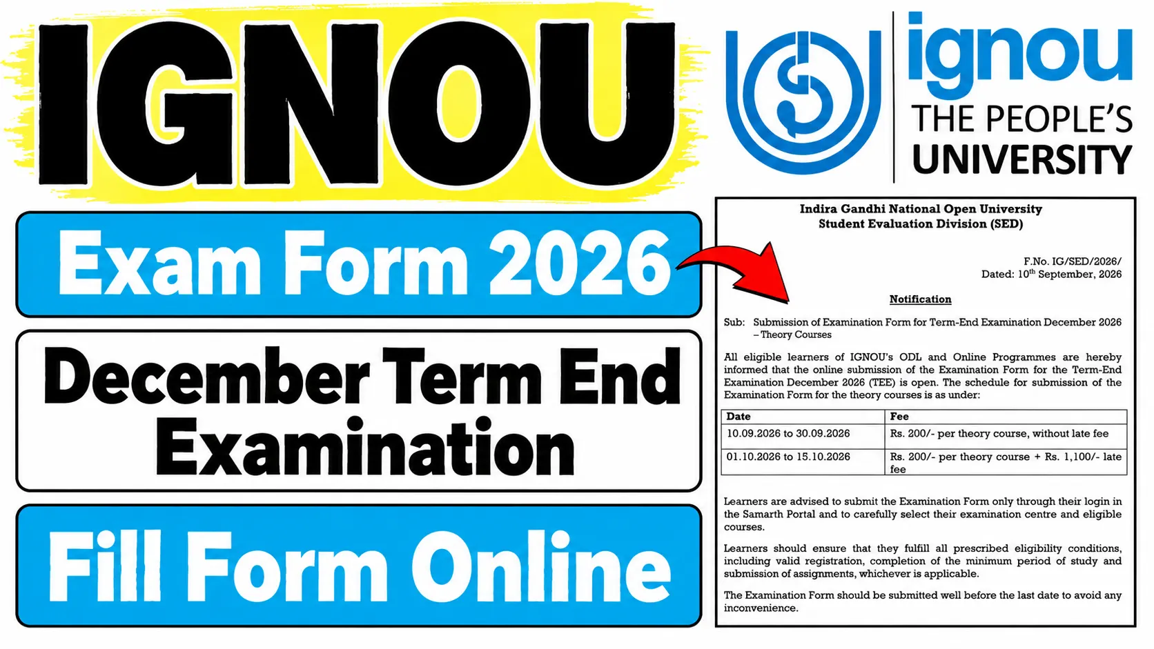 IGNOU Exam Form December 2026 dates, fee and last date